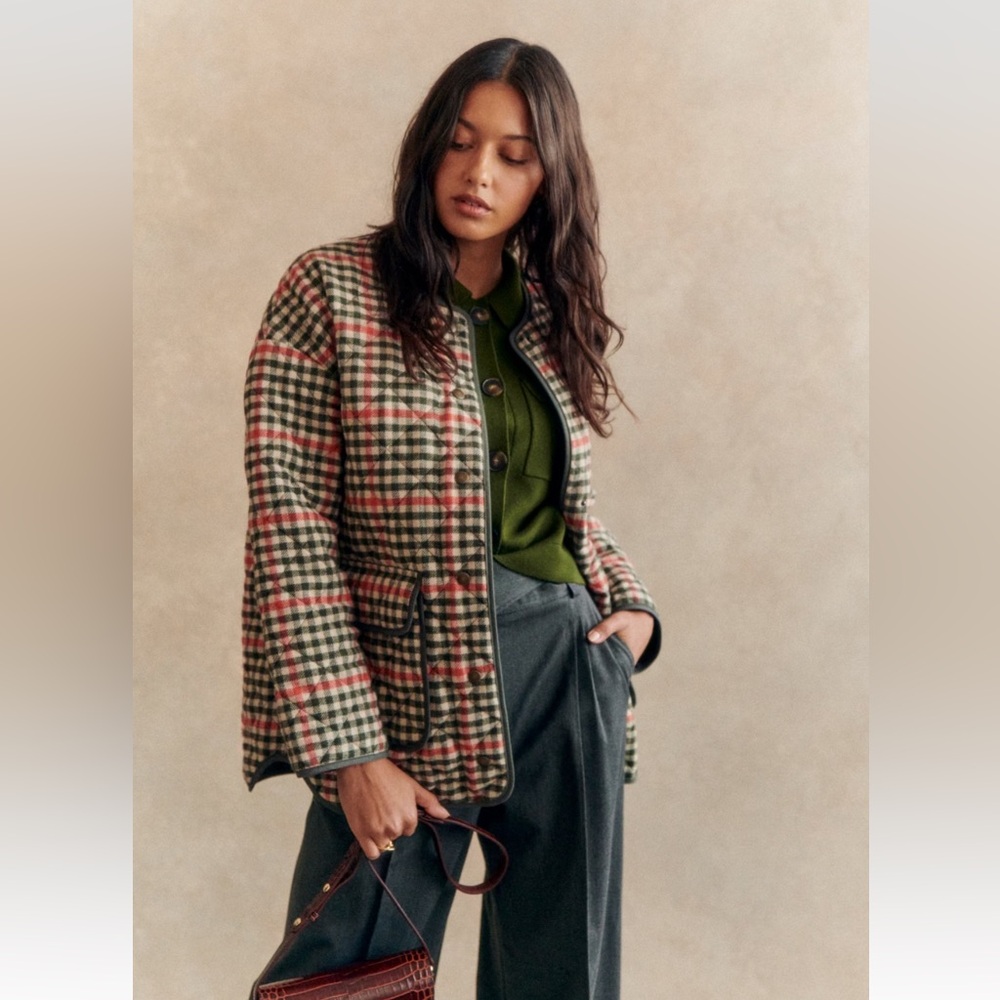 NWT Sezane - Farel Jacket, in Khaki-Orange Check, size FR40/US8